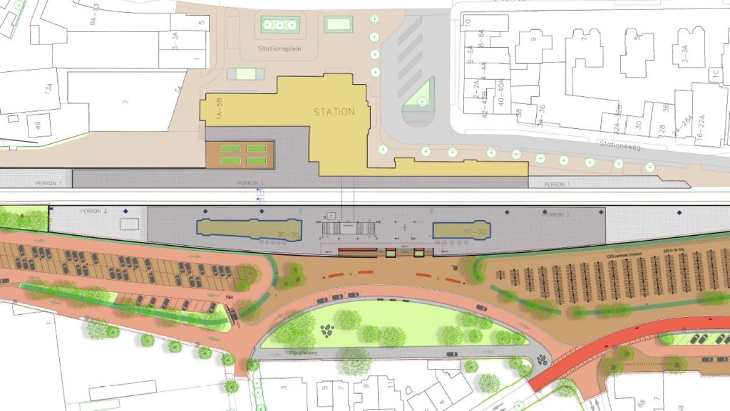 nieuwe ontsluiting westzijde station Naarden Bussum, in het groen.